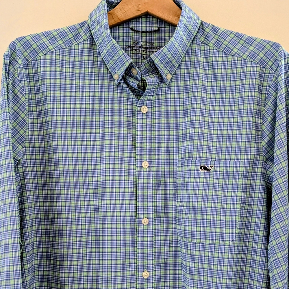 VINEYARD VINES OTG On The Go Performance Long Sleeve Shirt Blue Plaid Men's L